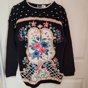 Vintage Black Floral Embroidered Crewneck Sweater